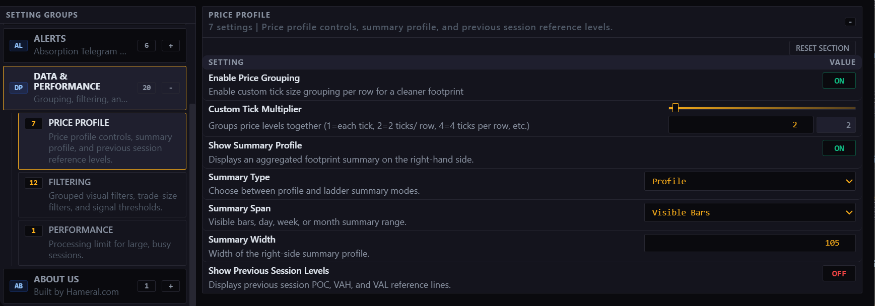 Price profile settings