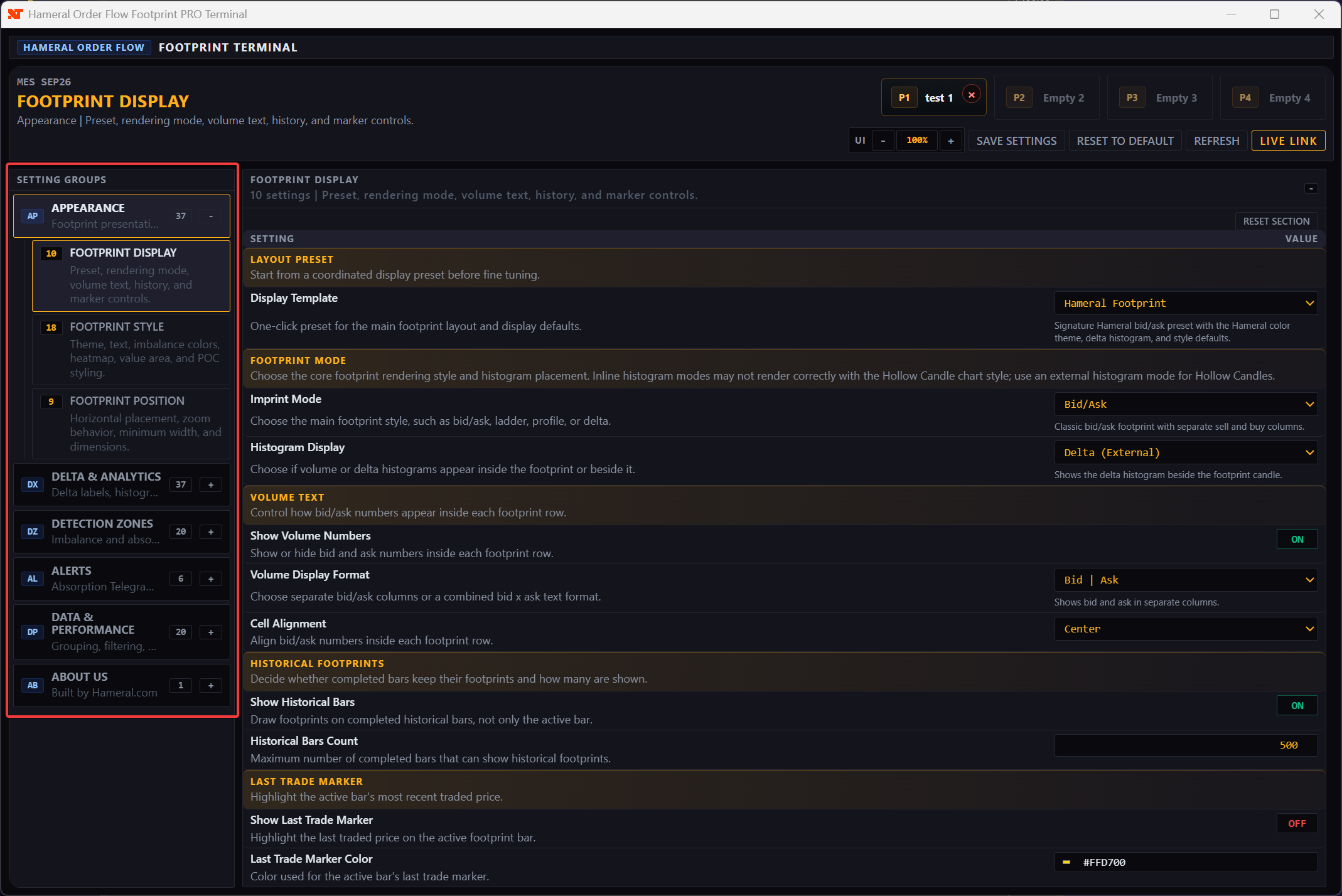 The left side of the terminal contains the main setting groups.