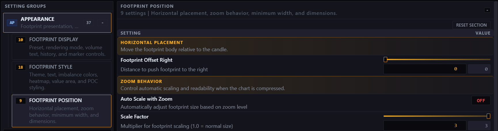 Horizontal placement settings