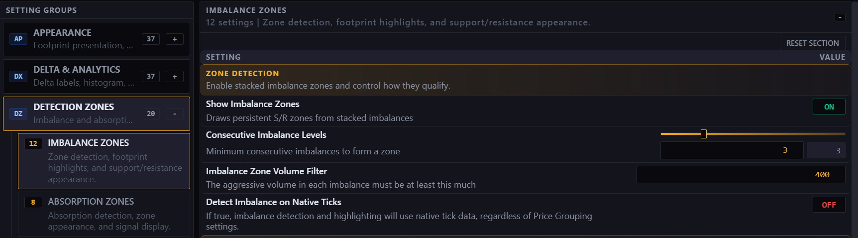 Imbalance zone detection settings