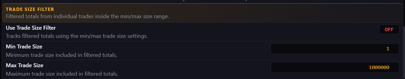 Trade size filter settings