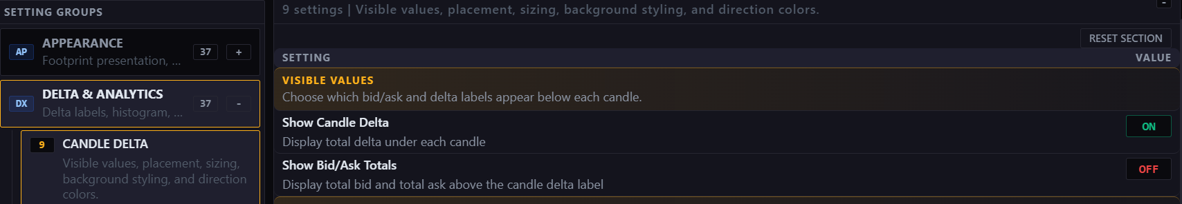 Visible values settings
