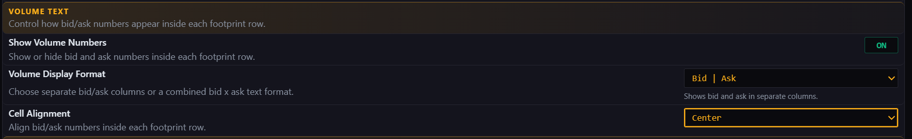 Volume text settings